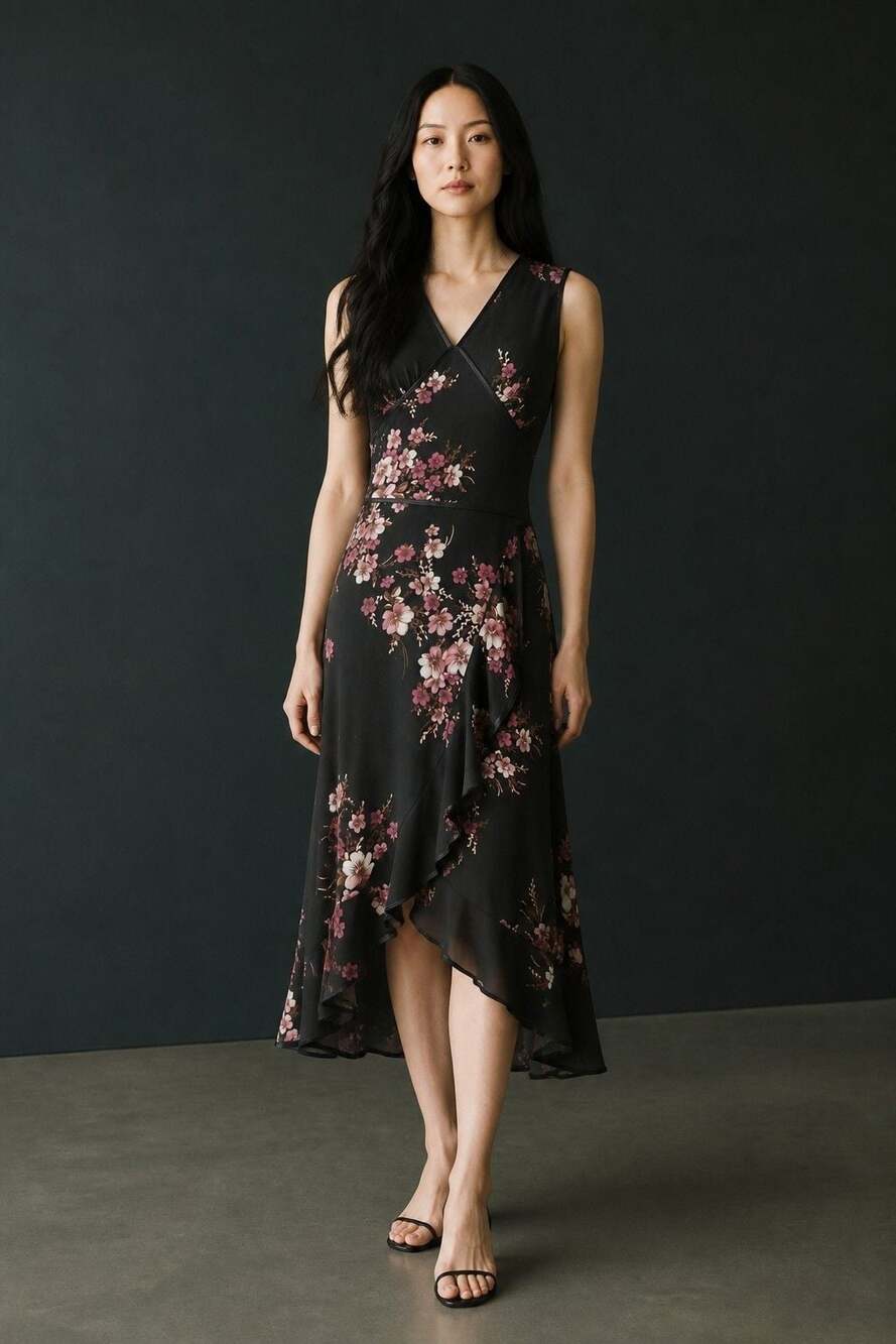 Xtreme Threads Floral Print V-Neck Sleeveless Ruffle Hem Midi Dress